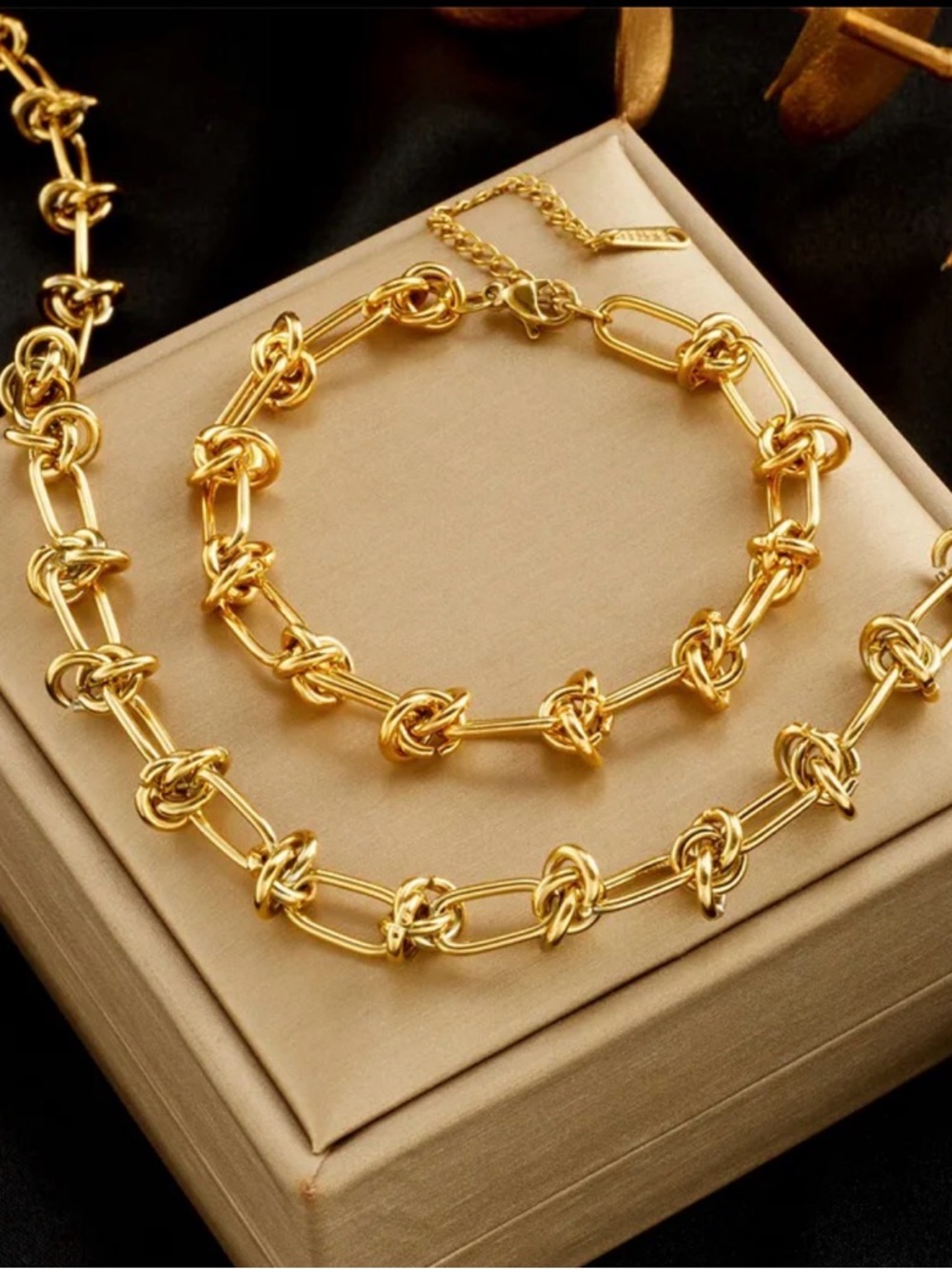 304 Stainless Steel Gold Knot Link Bracelet and Necklace Set - Women's Jewelry